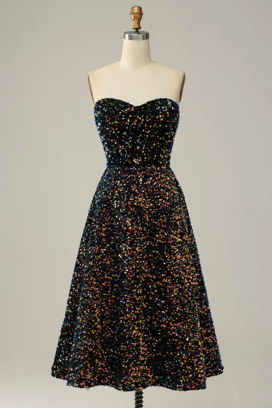 A Line Sweetheart Black Sequins Midi Prom Dress made by Zapaka