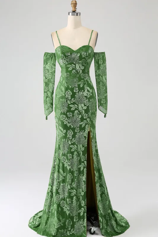 Mermaid Off the Shoulder Olive Printed Long Prom Dress with Split Front sold by Zapaka