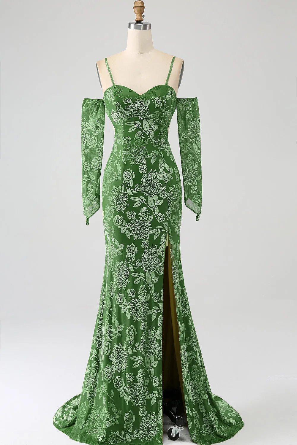 Mermaid Off the Shoulder Olive Printed Long Prom Dress with Split Front sold by Zapaka