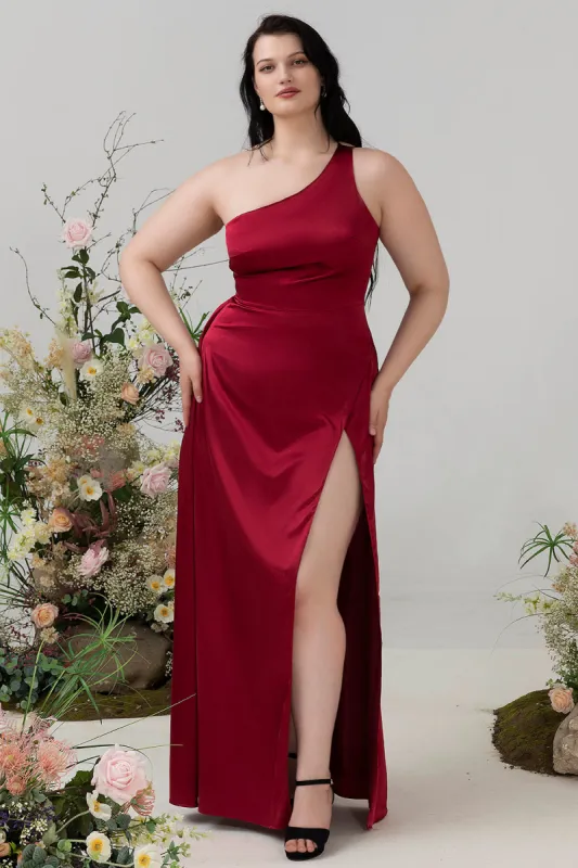 Burgundy Plus Size One Shoulder Long Bridesmaid Dress sold by Zapaka