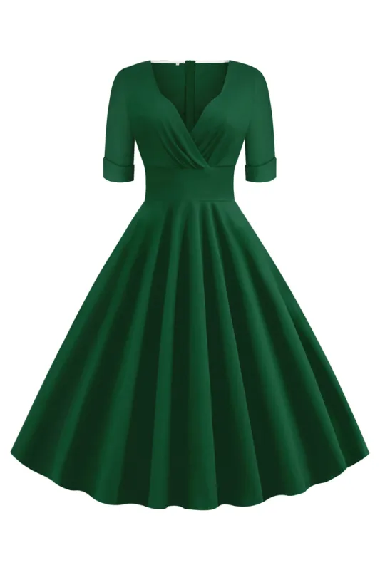 Green V-Neck Short Sleeves 1950s Swing Dress sold by Zapaka
