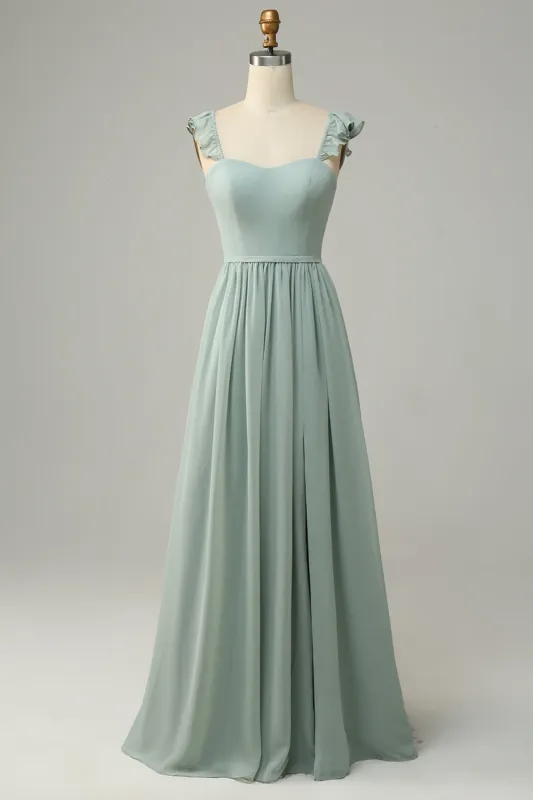 A Line Dusty Sage Ruffles Bridesmaid Dress sold by Zapaka