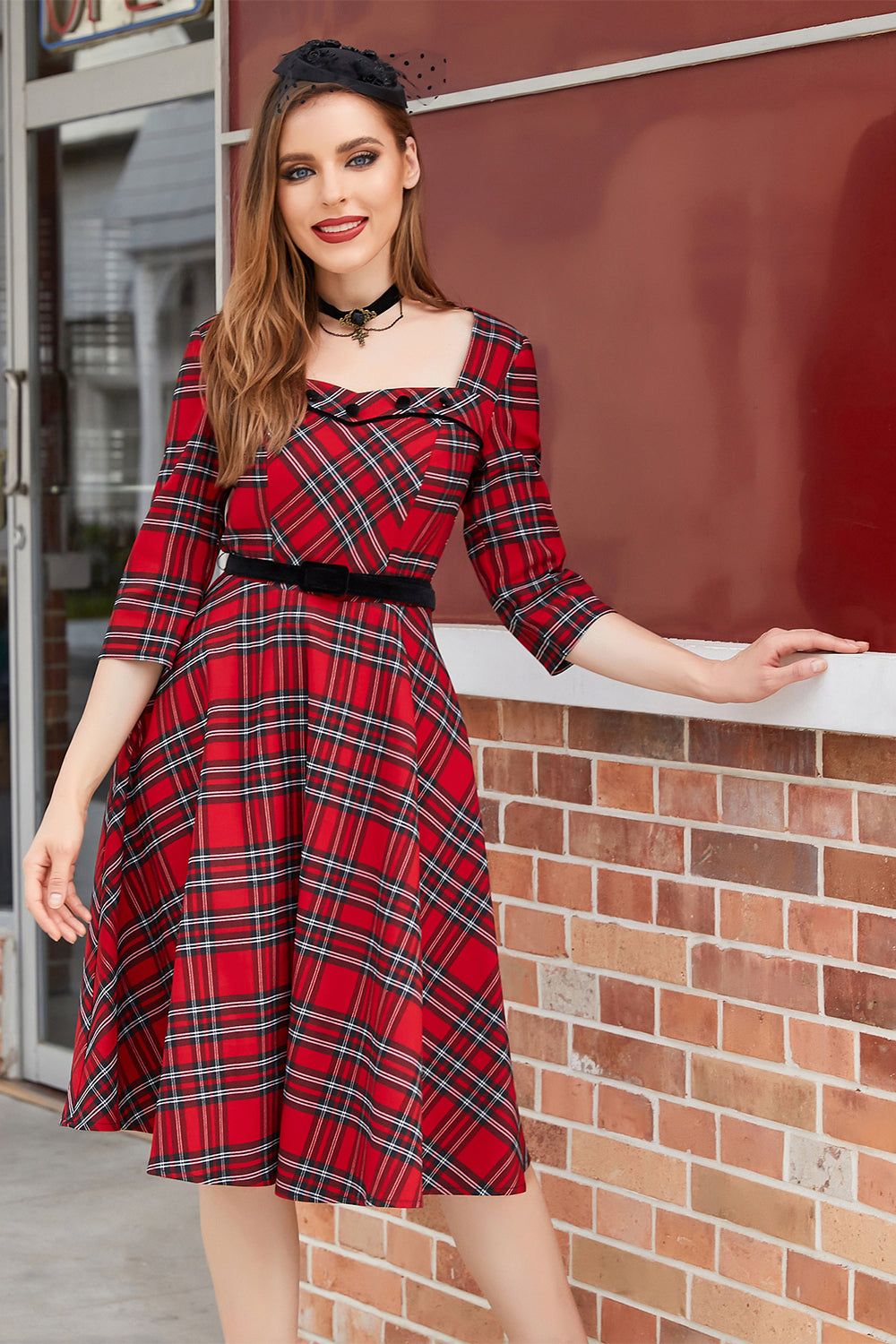 Plaid Red Vintage Dress with Sleeves sold by Zapaka product image thumbnail 3