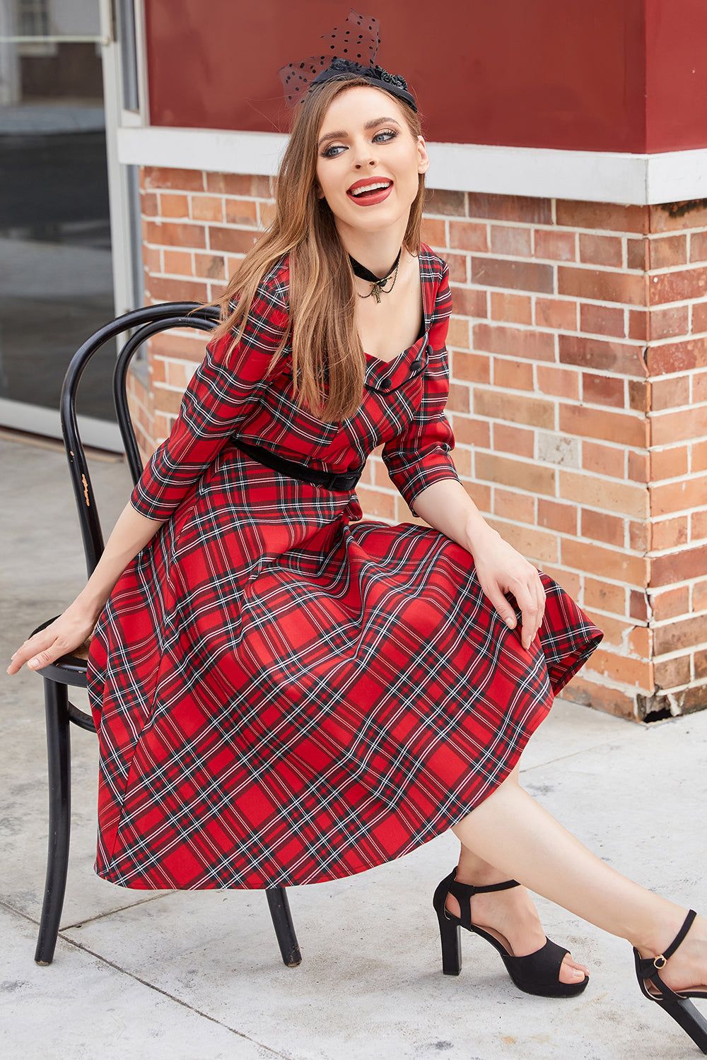 Plaid Red Vintage Dress with Sleeves sold by Zapaka product image thumbnail 4