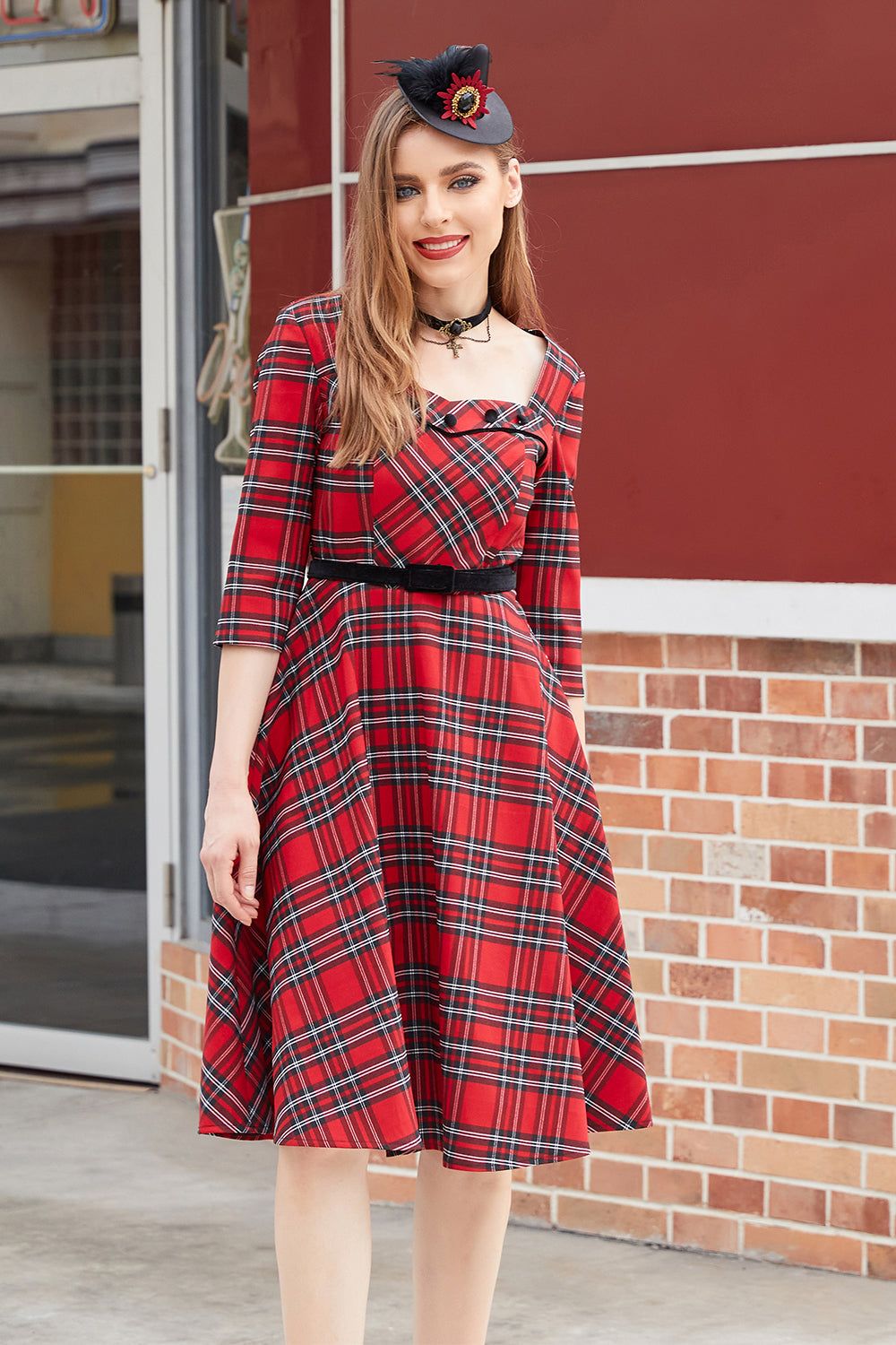 Plaid Red Vintage Dress with Sleeves sold by Zapaka product image thumbnail 5