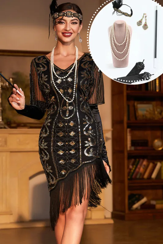Sparkly Black Sequins 1920s Flapper Dress with 20s Accessories sold by Zapaka