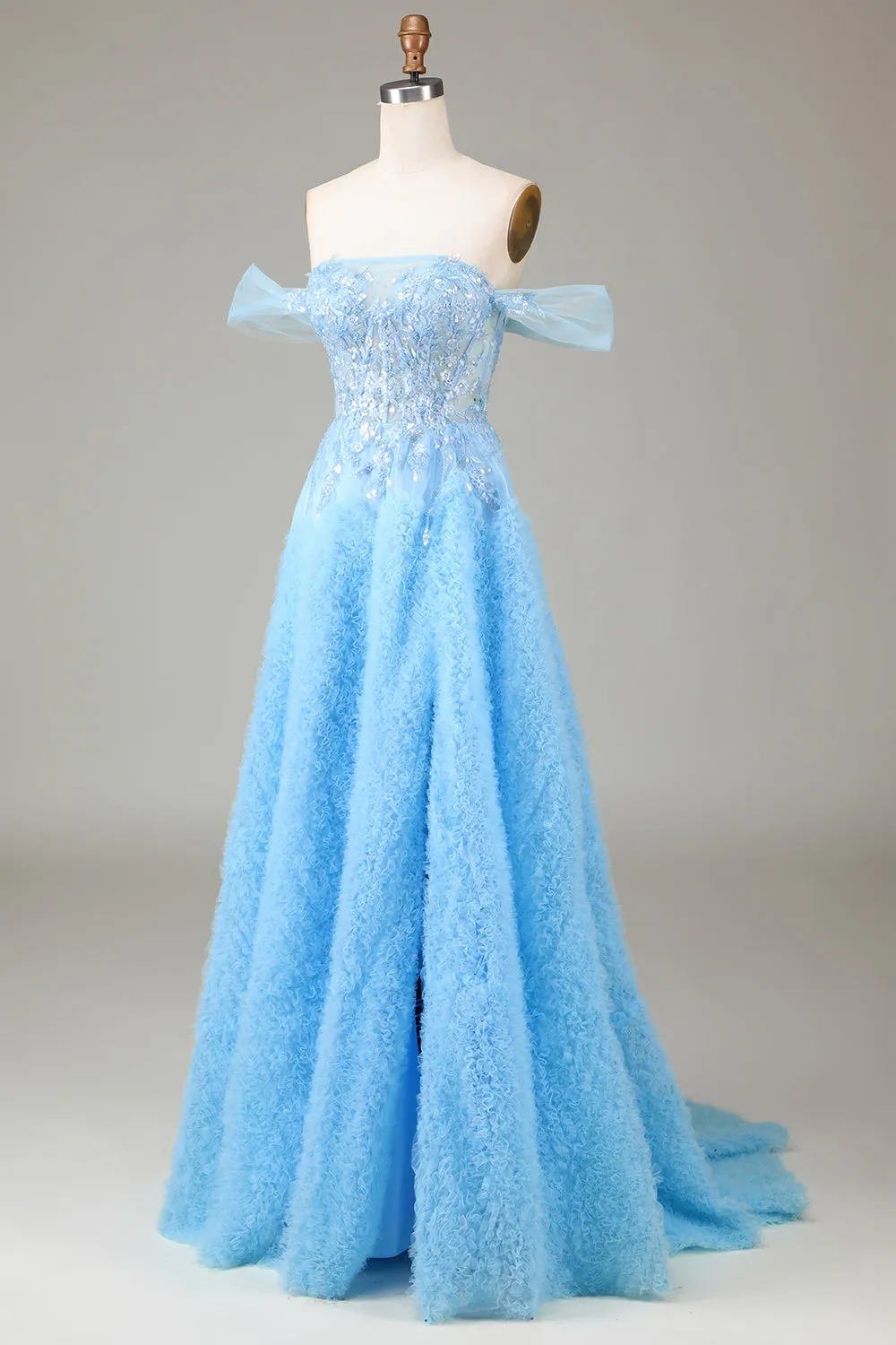Off the Shoulder Blue A Line Princess Corset Prom Dress with Slit sold by Zapaka product image thumbnail 3