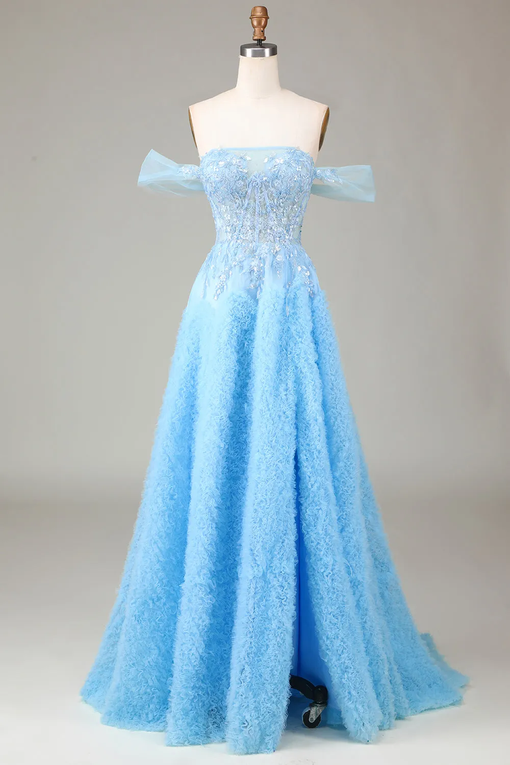 Off the Shoulder Blue A Line Princess Corset Prom Dress with Slit sold by Zapaka
