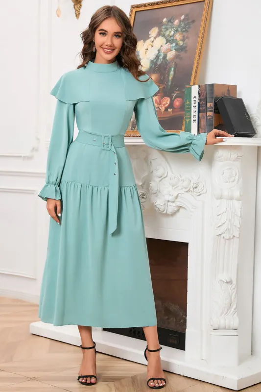 A Line Green Long Sleeves Casual Dress With Belt sold by Zapaka