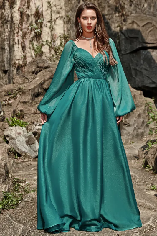 A Line Sweetheart Dark Green Long Prom Dress with Long Sleeves sold by Zapaka