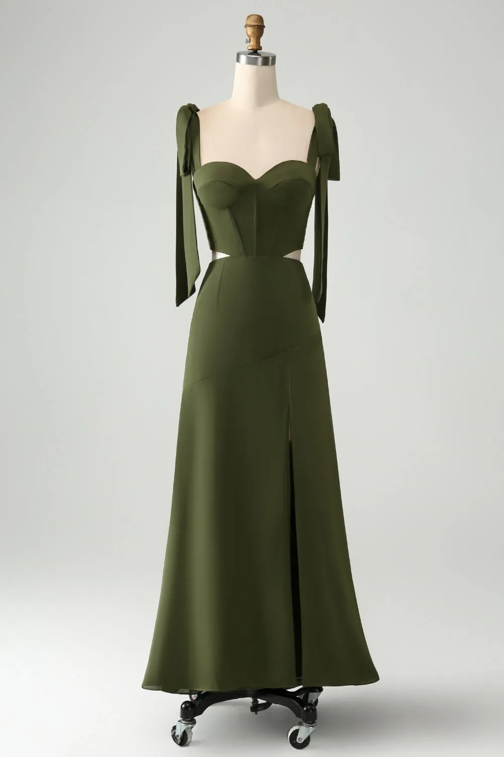 Olive A Line Spaghetti Straps Floor Length Wedding Guest Dress with Slit sold by Zapaka