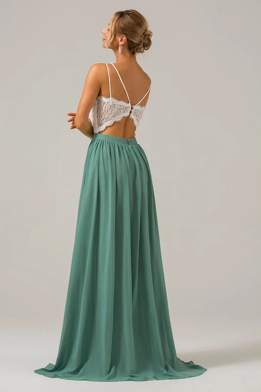 Eucalyptus Open Back Boho Chiffon Long Bridesmaid Dress with Lace sold by Zapaka product image thumbnail 2
