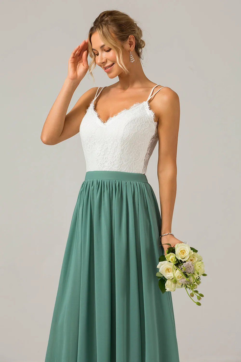 Eucalyptus Open Back Boho Chiffon Long Bridesmaid Dress with Lace sold by Zapaka product image thumbnail 3
