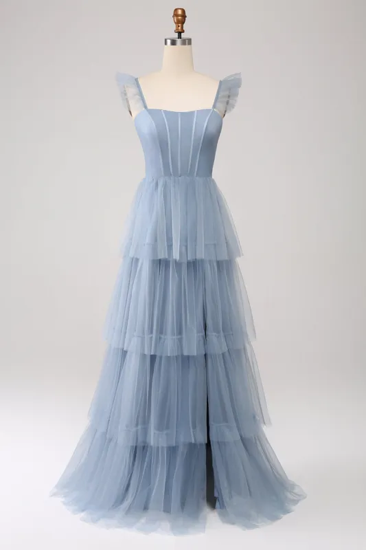 Dusty Blue A Line Tiered Tulle Corset Bridesmaid Dress with Slit sold by Zapaka