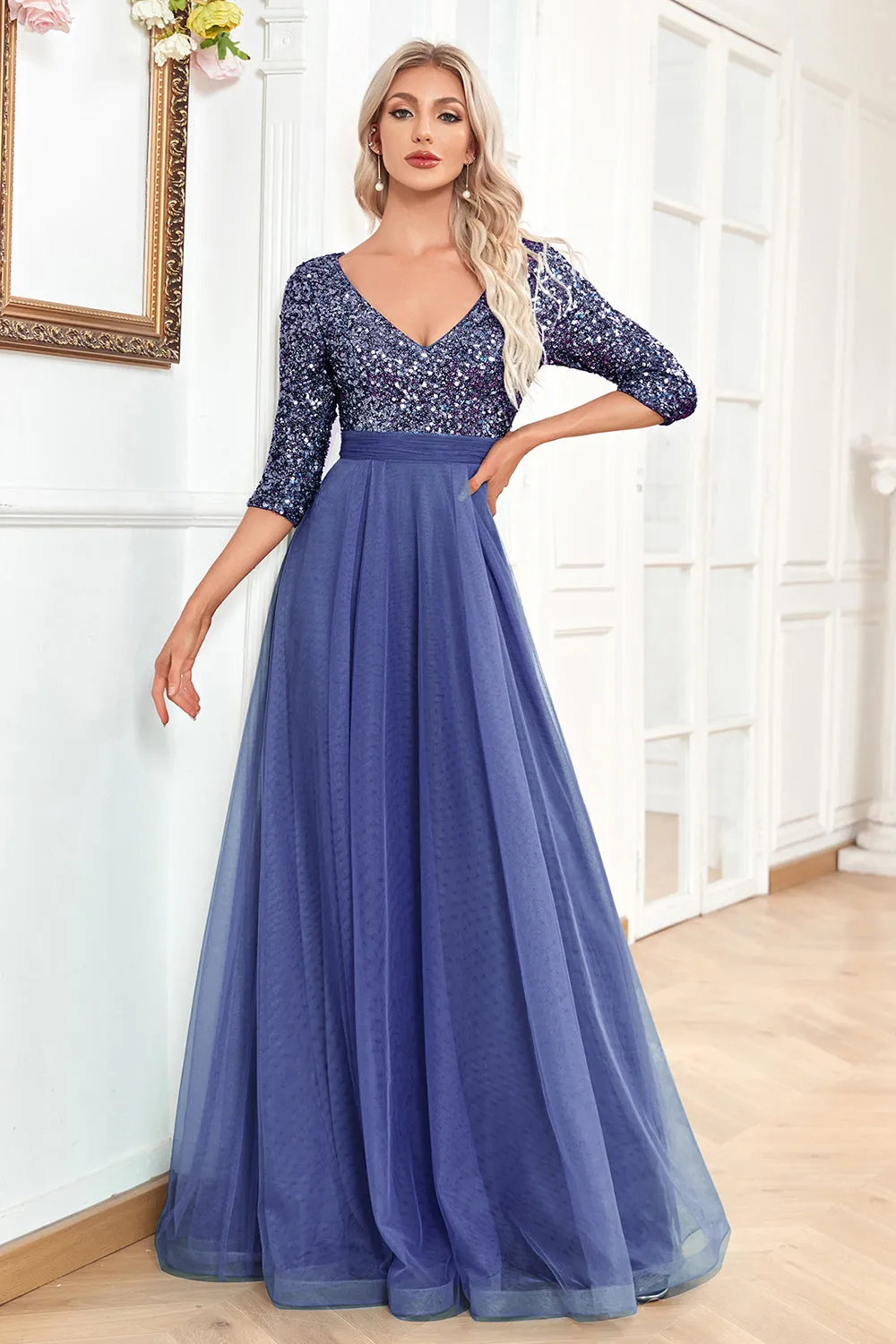 Black A-Line V Neck Short Sleeves Sequins Prom Dress sold by Zapaka product image thumbnail 5