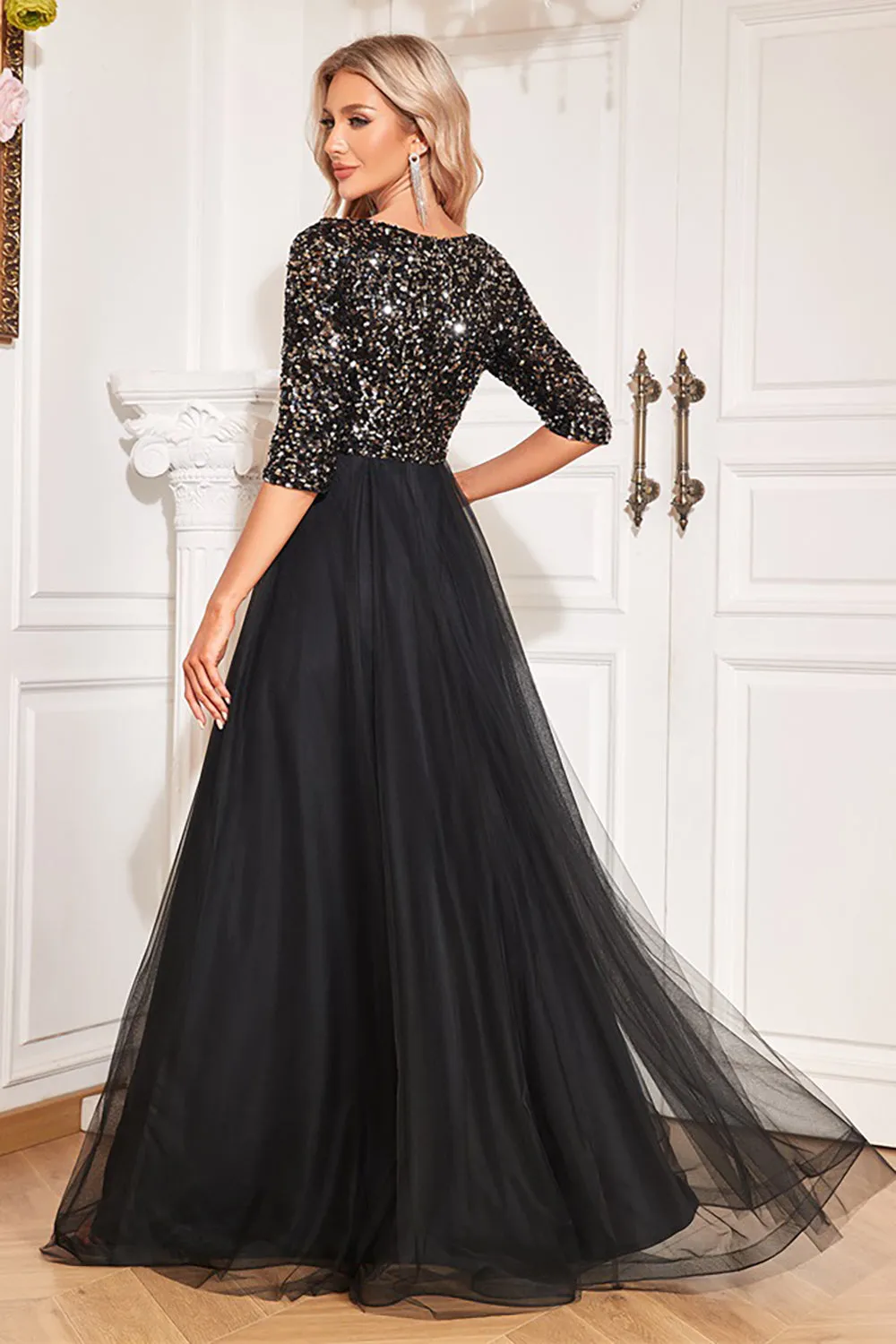 Black A-Line V Neck Short Sleeves Sequins Prom Dress sold by Zapaka product image thumbnail 2