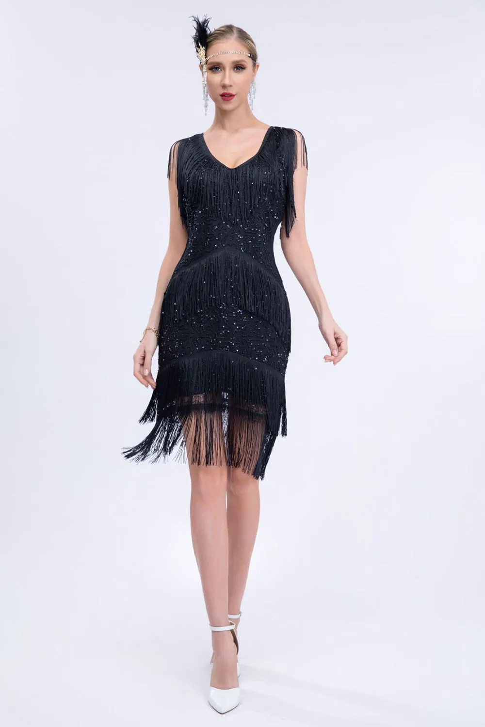 V-Neck Black Beaded Roaring 20s Gatsby Fringed Flapper Dress sold by Zapaka product image thumbnail 3