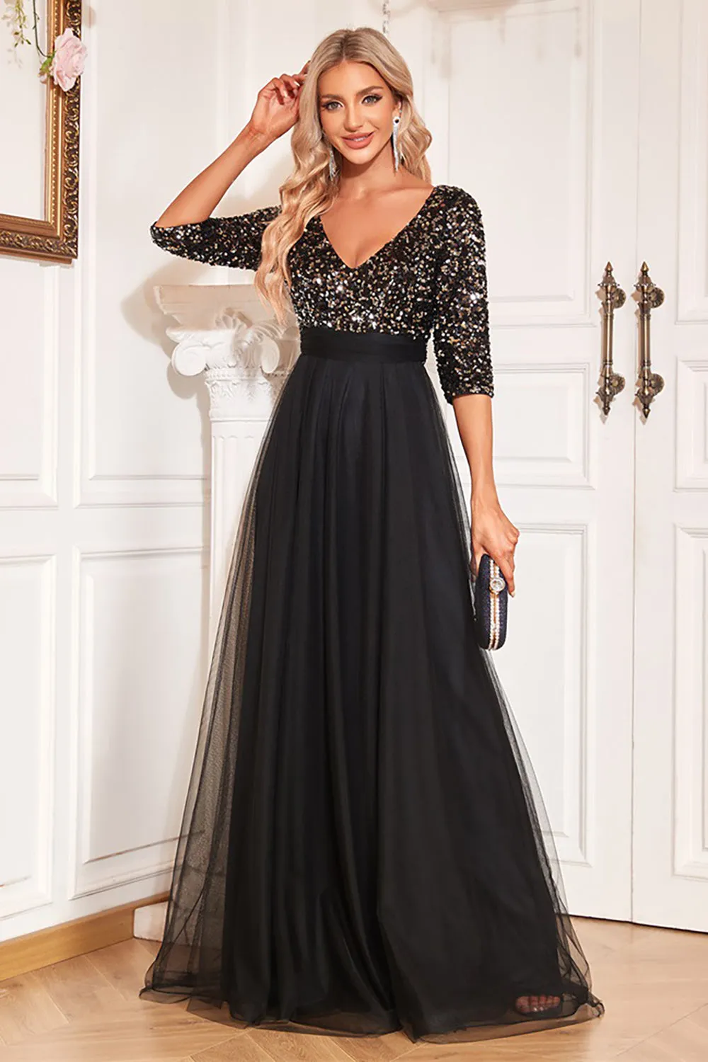 Black A-Line V Neck Short Sleeves Sequins Prom Dress sold by Zapaka product image thumbnail 3