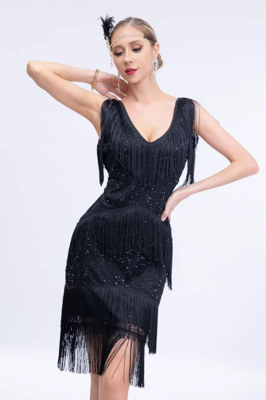V-Neck Black Beaded Roaring 20s Gatsby Fringed Flapper Dress sold by Zapaka