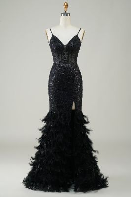 Sparkly Black Mermaid Long Sequin Prom Dress with Feathers sold by Zapaka