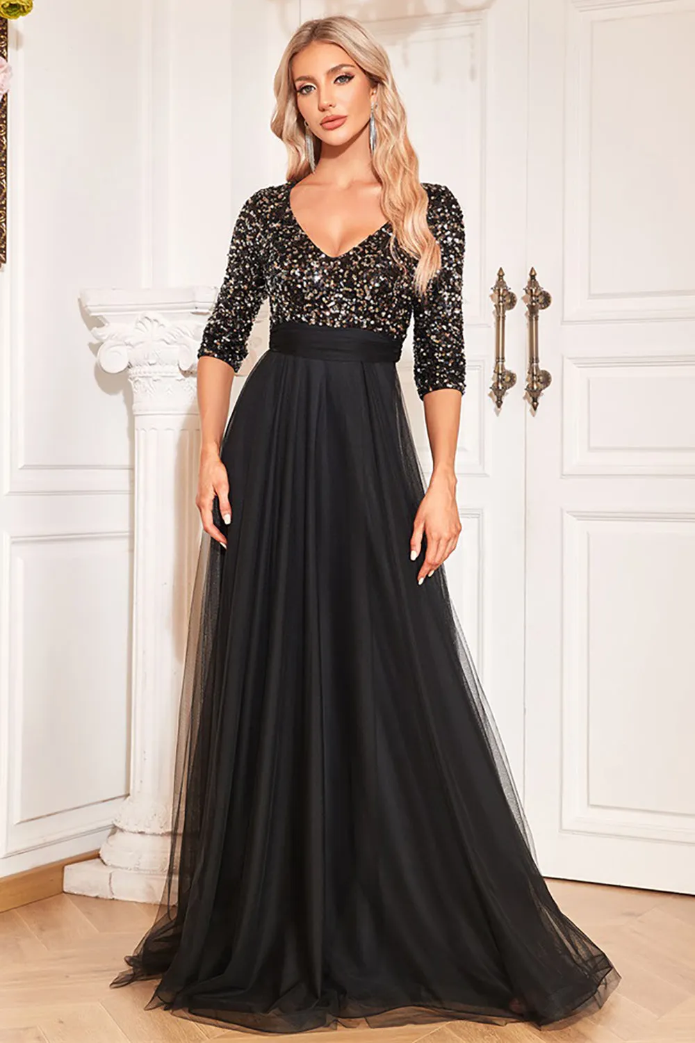 Black A-Line V Neck Short Sleeves Sequins Prom Dress sold by Zapaka