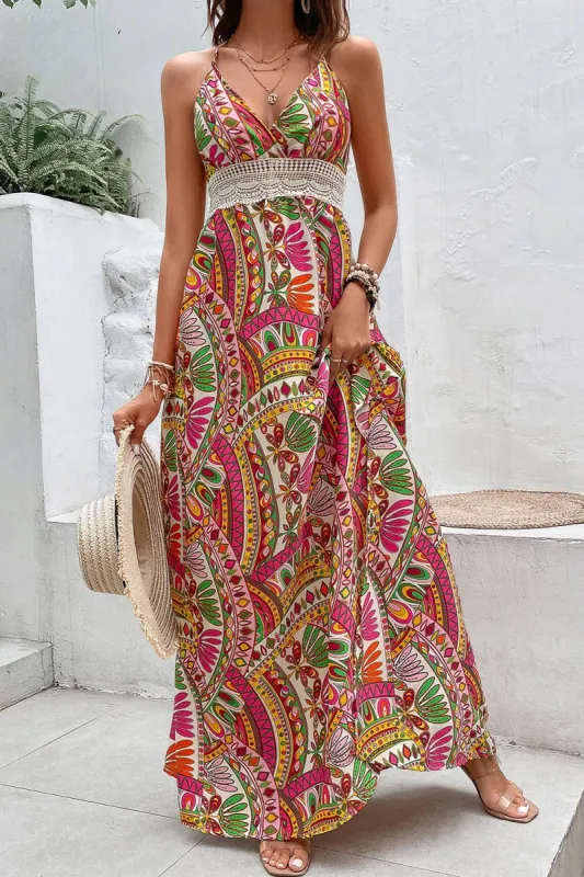 Fuchsia Printed Halter Backless Summer Dress sold by Zapaka