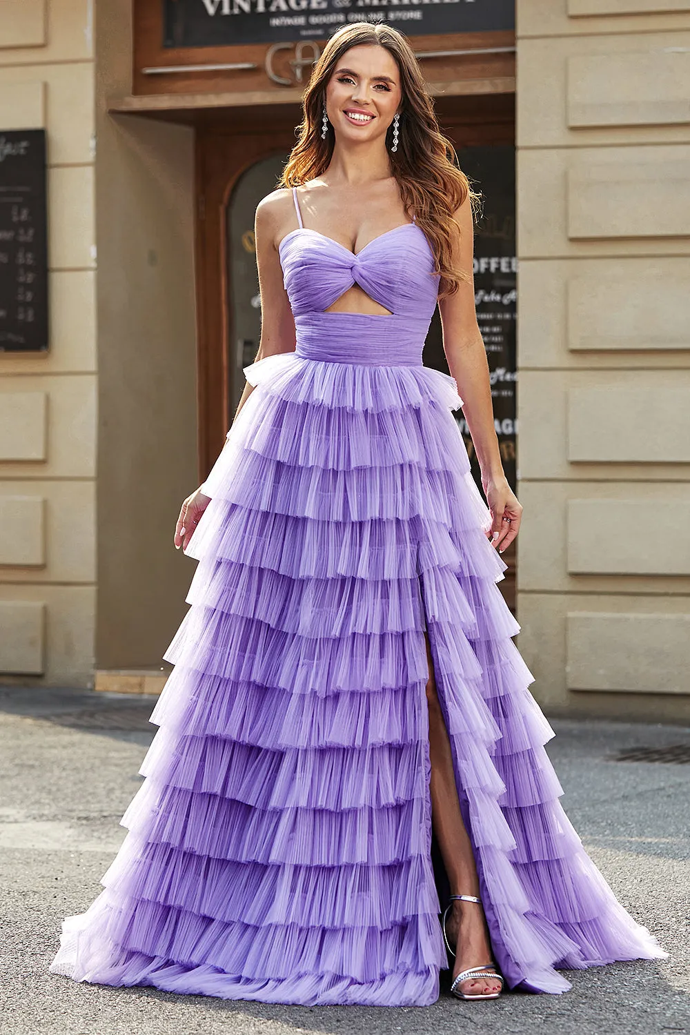 Tulle A-Line Purple Tiered Long Prom Dress with Slit sold by Zapaka