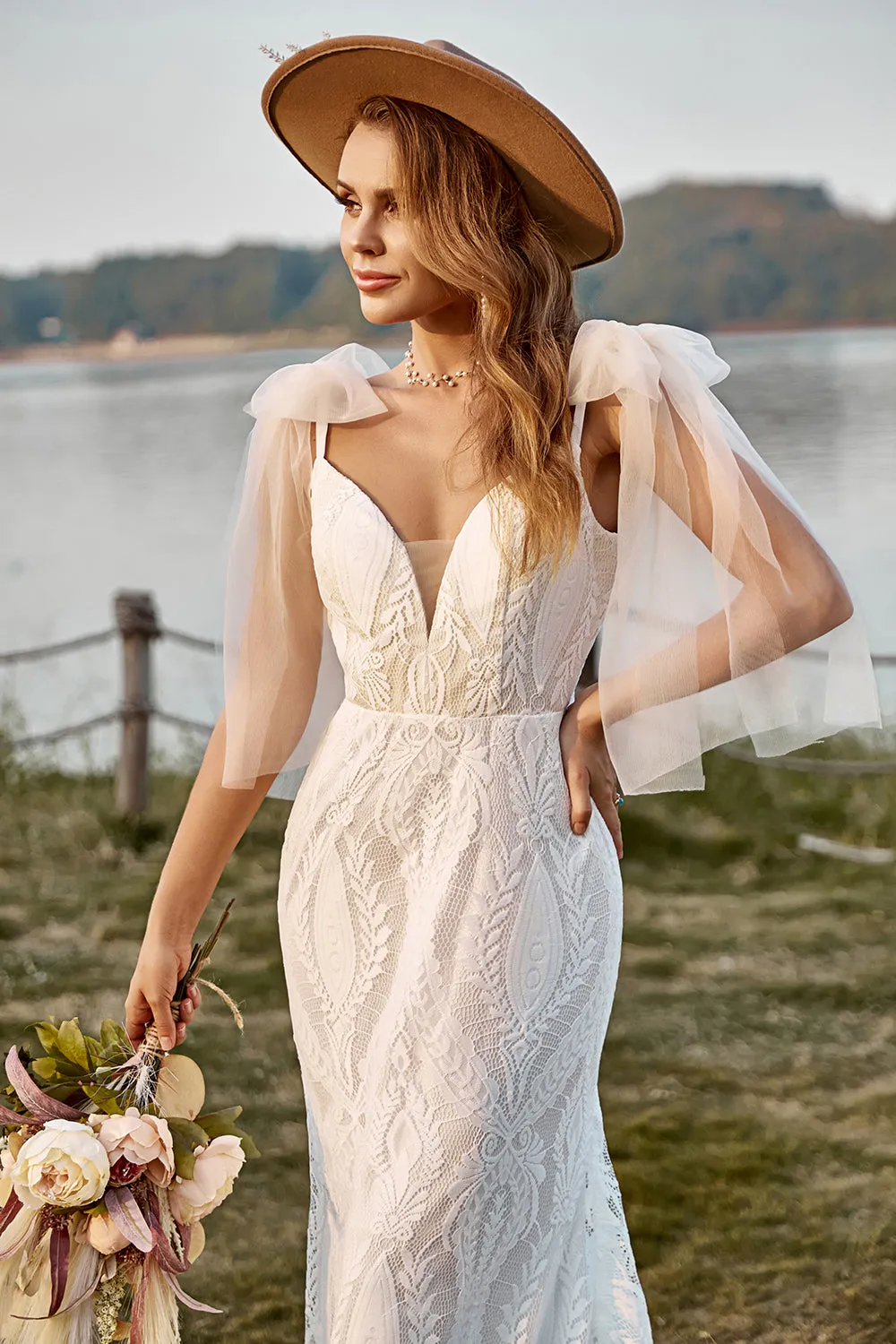Ivory Mermaid Lace Sweep Train Boho Wedding Dress With Bowknots sold by Zapaka product image thumbnail 5
