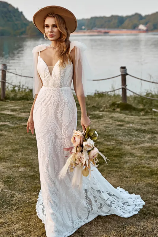 Ivory Mermaid Lace Sweep Train Boho Wedding Dress With Bowknots sold by Zapaka