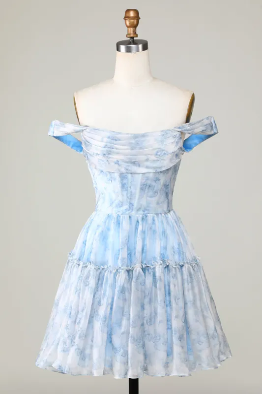 Cute A Line Off the Shoulder Blue Printed Short Homecoming Dress with Ruffles sold by Zapaka