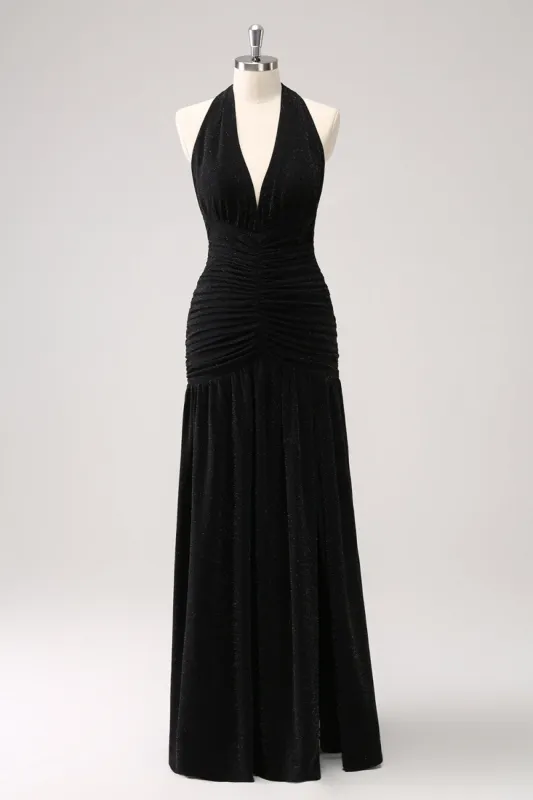 Black Mermaid Pleated Backless Long Bridesmaid Dress sold by Zapaka