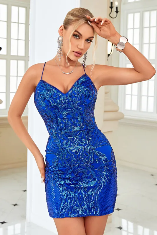 Sheath Spaghetti Straps Royal Blue Sequins Short Homecoming Dress with Criss Cross Back sold by Zapaka