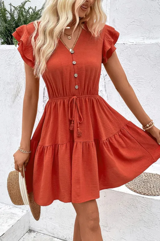 Orange V Neck Ruffles Short Summer Dress sold by Zapaka