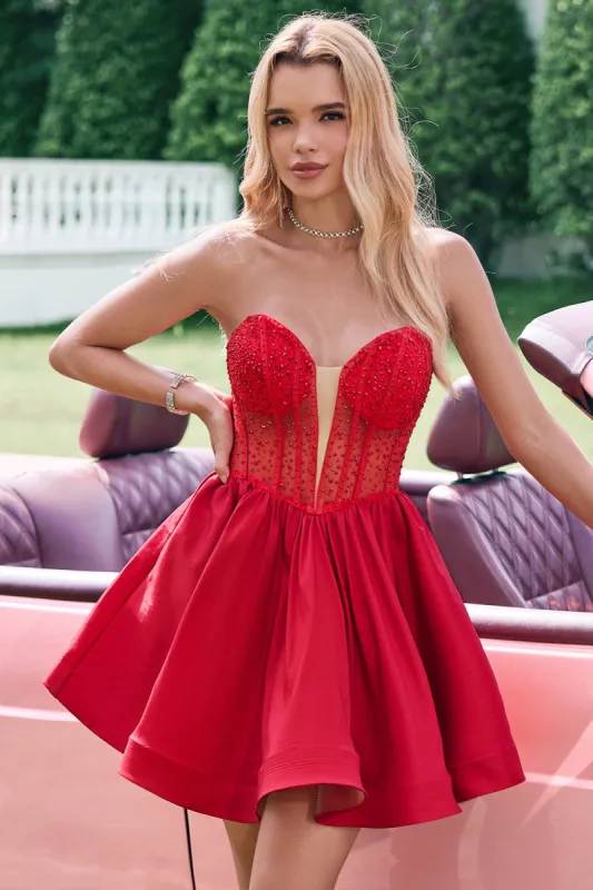 Red A Line Strapless Corset Short Ruffle Cute Homecoming Dress with Beading sold by Zapaka