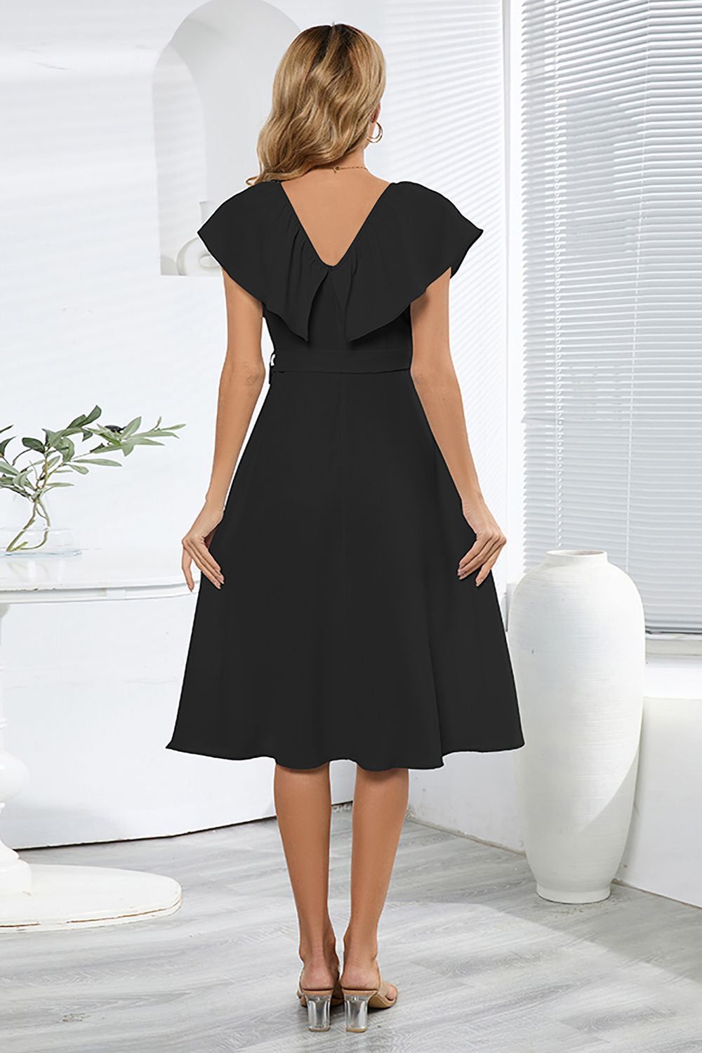 V-Neck Sleeveless Black Casual Dress with Ruffles sold by Zapaka product image thumbnail 2