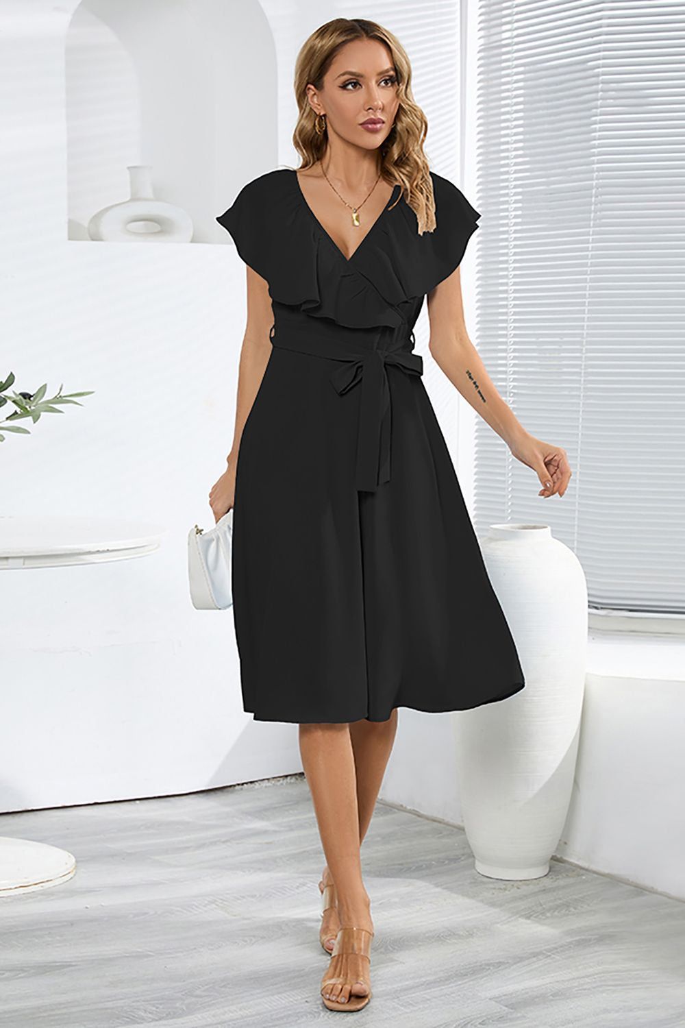 V-Neck Sleeveless Black Casual Dress with Ruffles sold by Zapaka product image thumbnail 3