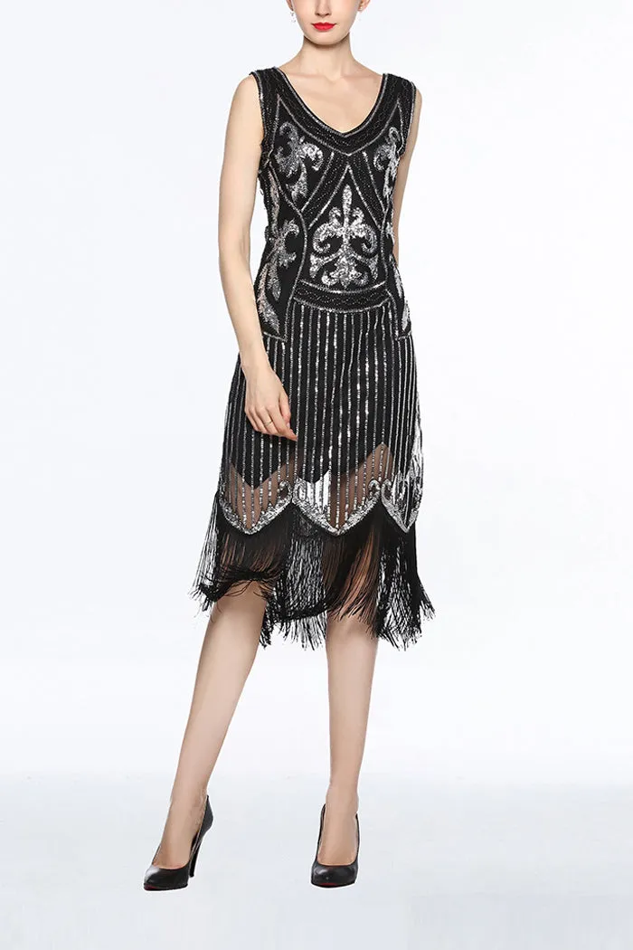 Women V Neck 1920s Fringe Sequin Flapper Dress sold by Zapaka