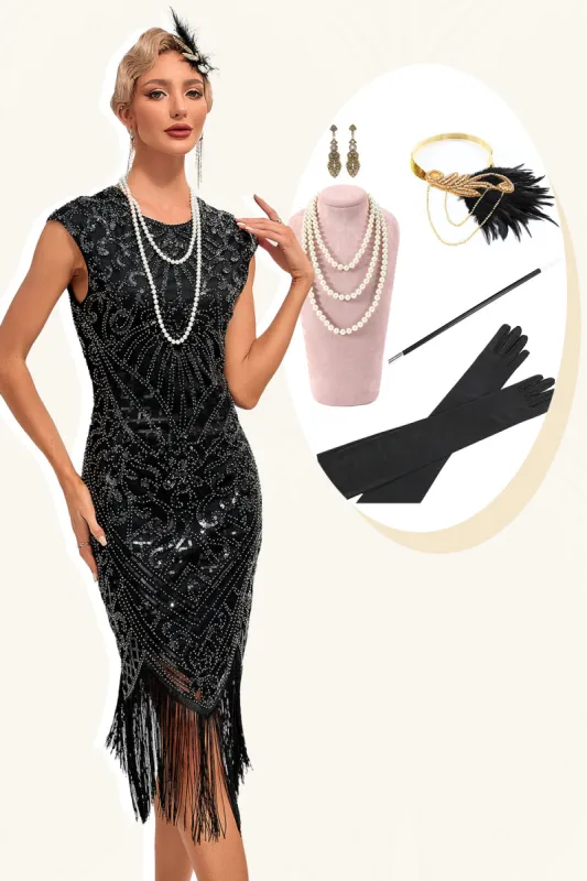 Black Sleeveless Glitter Fringes 1920s Dress with Accessories Set sold by Zapaka