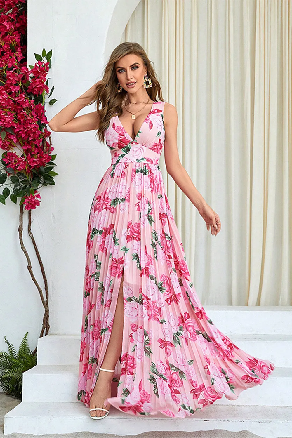 Pink Flower Print Pleated A Line Long Prom Dress with Slit sold by Zapaka