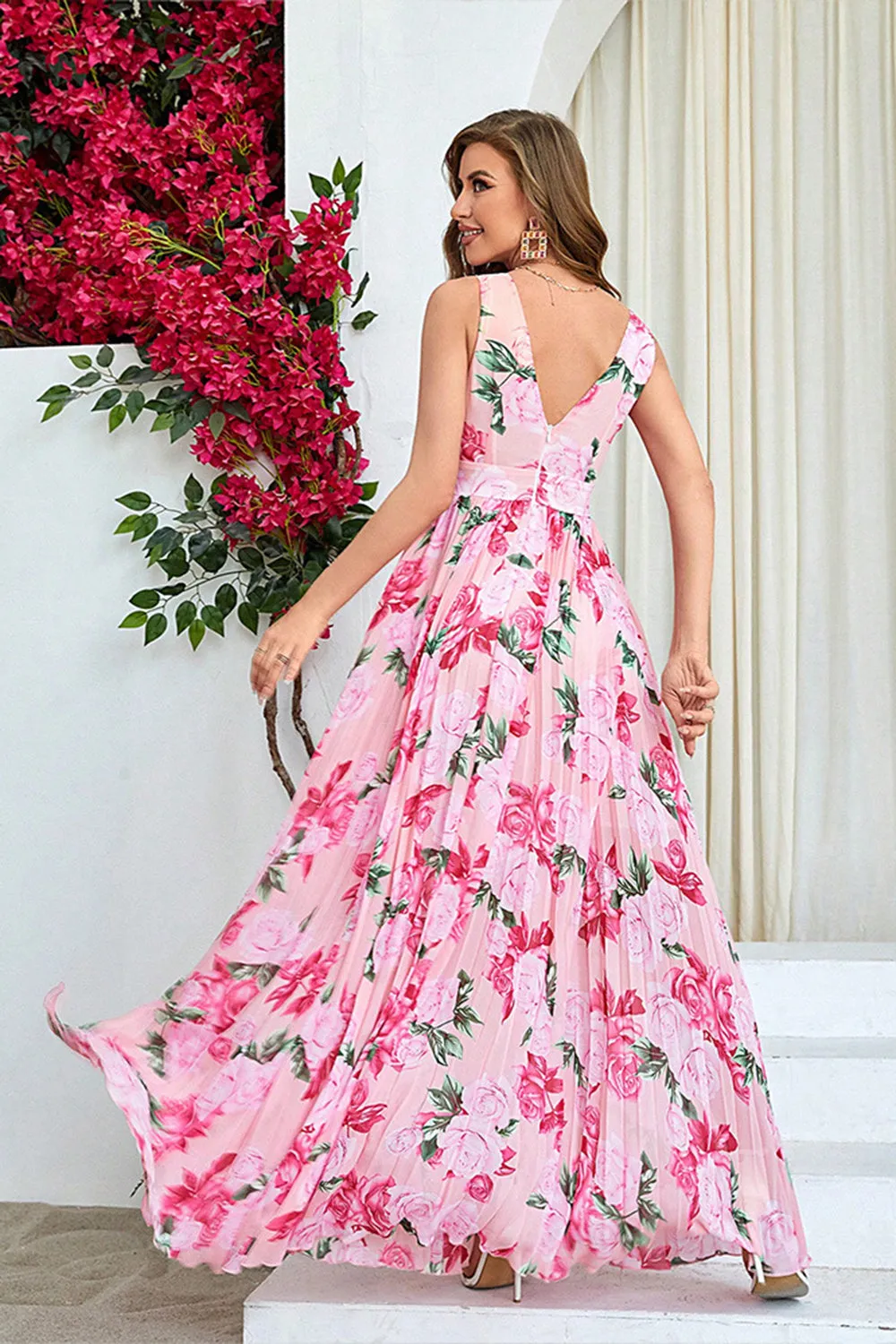 Pink Flower Print Pleated A Line Long Prom Dress with Slit sold by Zapaka product image thumbnail 2