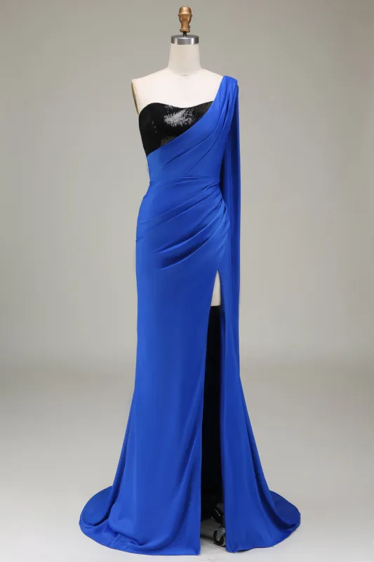 Royal Blue One Shoulder Satin and Sequin Mermaid Pleated Prom Dress with Slit sold by Zapaka