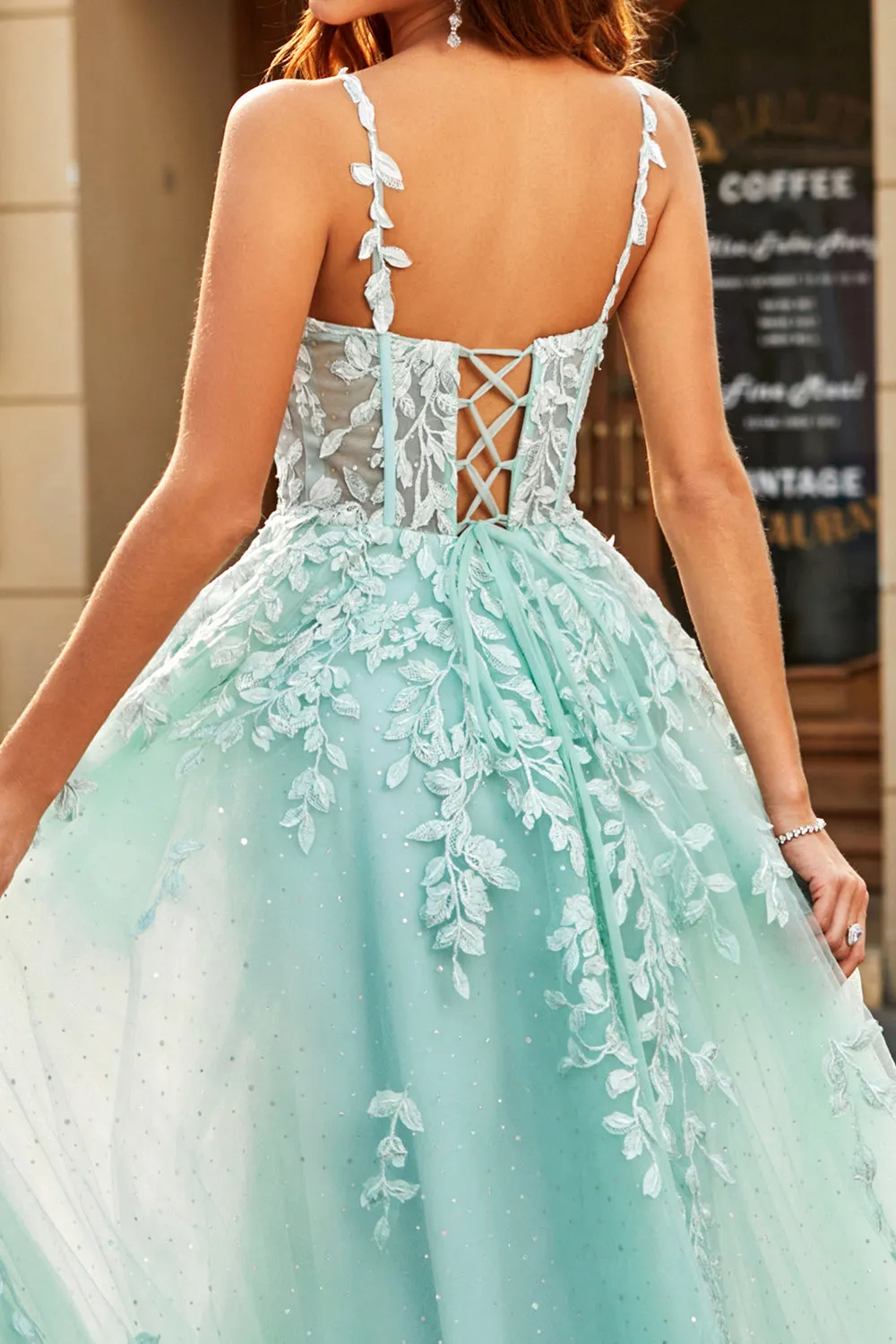 Mint Ball-Gown Detachable Sleeves Beaded Prom Dresses With Appliques sold by Zapaka product image thumbnail 4