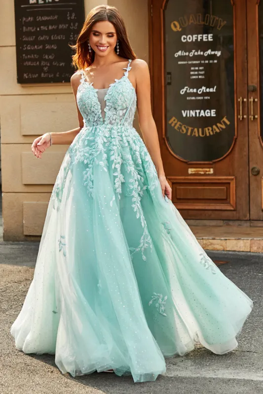 Mint Ball-Gown Detachable Sleeves Beaded Prom Dresses With Appliques sold by Zapaka