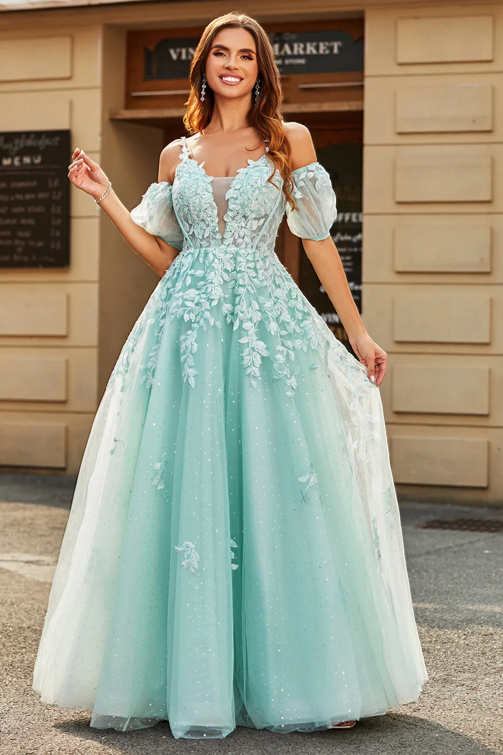 Mint Ball-Gown Detachable Sleeves Beaded Prom Dresses With Appliques sold by Zapaka product image thumbnail 5