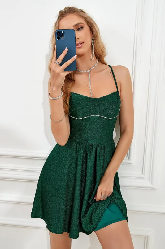 Dark Green Spaghetti Straps A-Line Homecoming Dress sold by Zapaka
