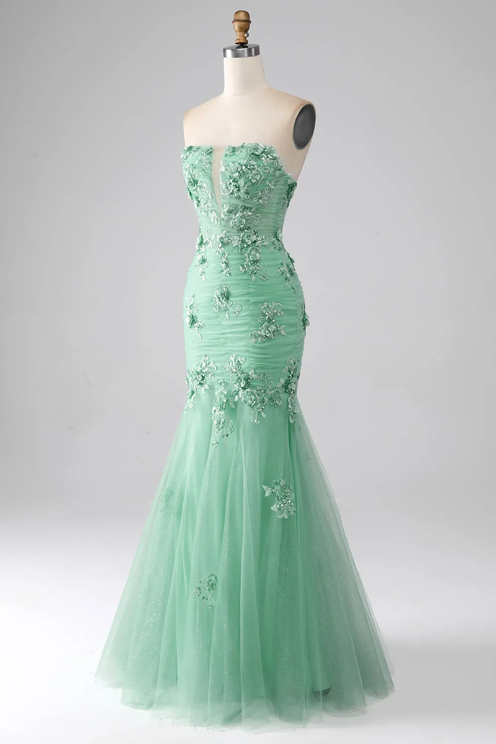 Green Mermaid Strapless Tulle Long Prom Dress with Appliques sold by Zapaka product image thumbnail 3