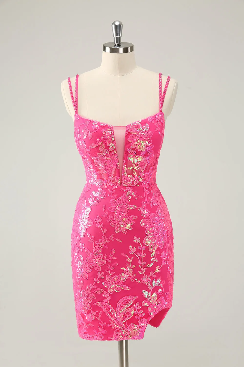Gorgeous Hot Pink Bodycon Lace Up Glittler Short Homecoming Dress with Slit sold by Zapaka