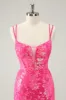 Gorgeous Hot Pink Bodycon Lace Up Glittler Short Homecoming Dress with Slit sold by Zapaka
