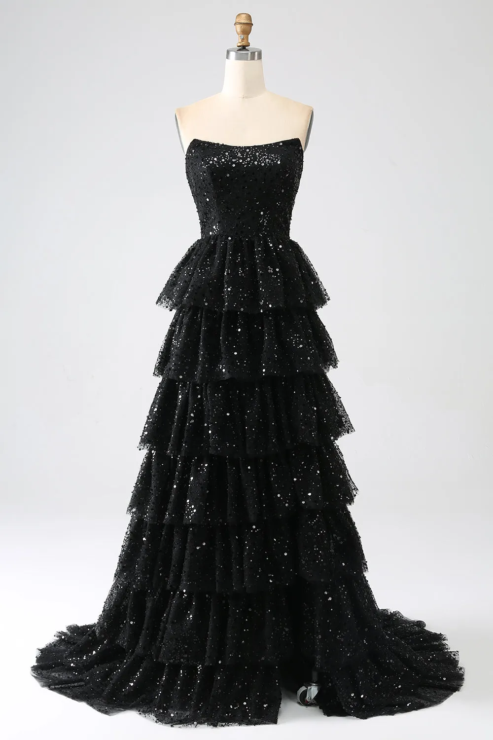 A-Line Sequins Black Tiered Prom Dress with Slit sold by Zapaka