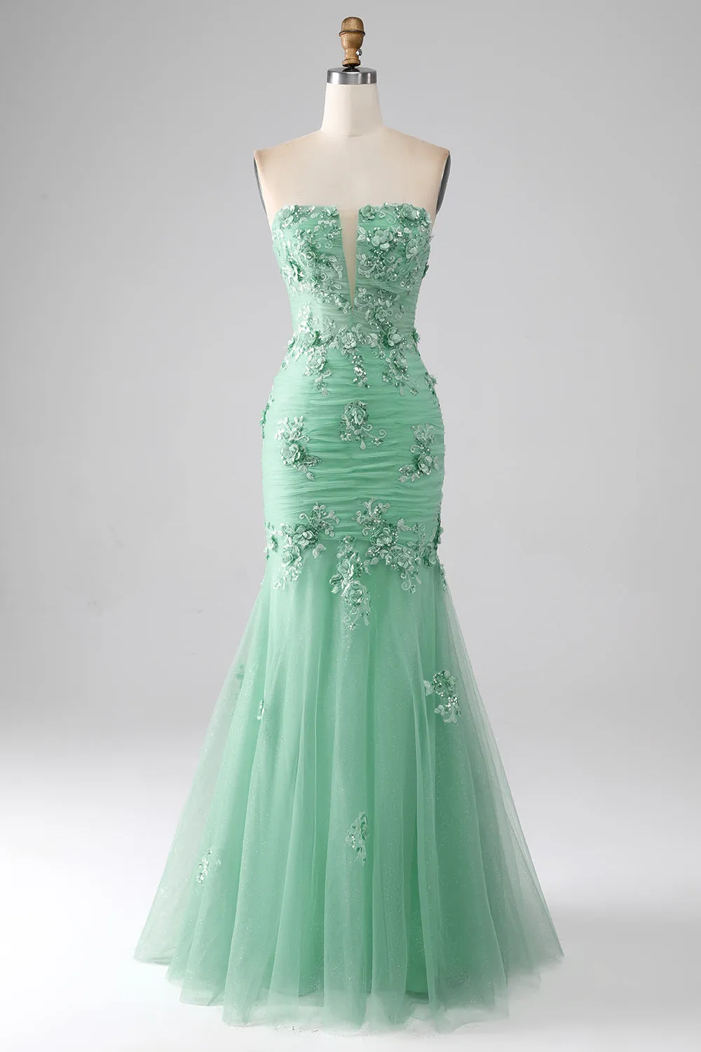 Green Mermaid Strapless Tulle Long Prom Dress with Appliques sold by Zapaka